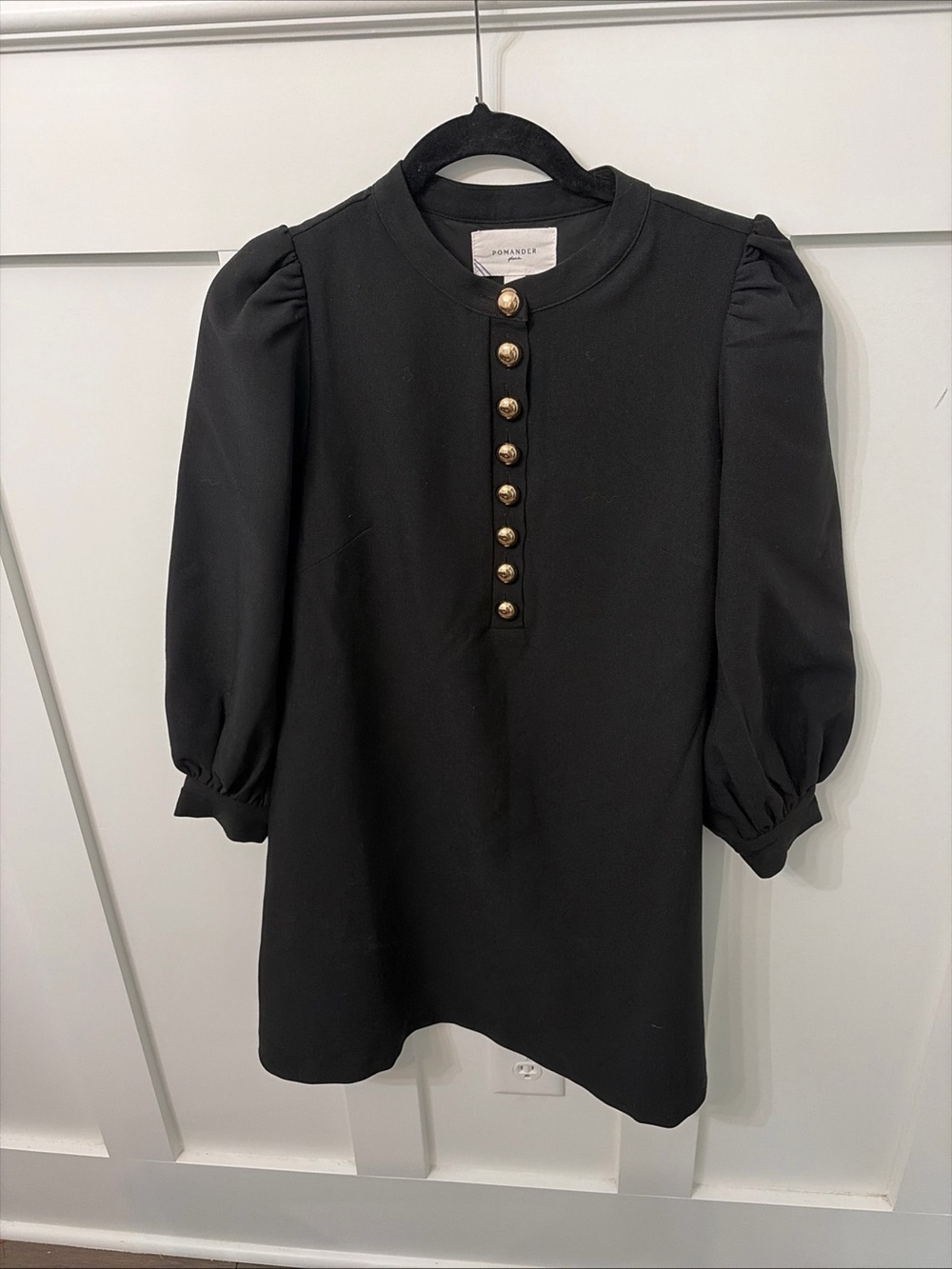 Pomander Place Black Dress with Shiny Gold Buttons